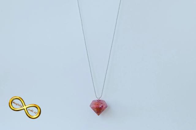 Náhrdelník "Resin" tvar diamant růžový s oranžovou růží