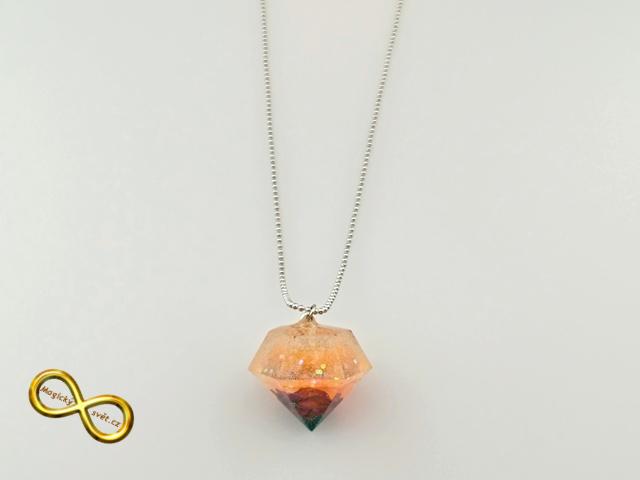 Náhrdelník "Resin" tvar diamant oranžový s růží