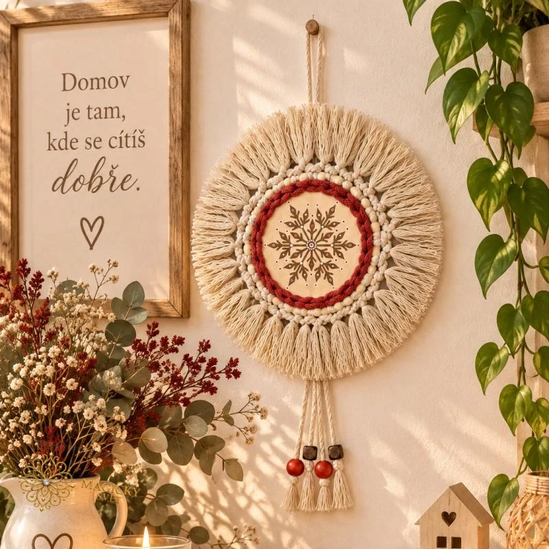 Zimní harmonie – ručně vyráběná BOHO dekorace na zeď s vločkou