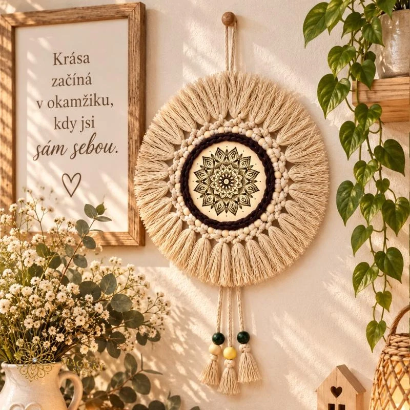 Mandala v objetí přírody – ručně vyráběná BOHO dekorace na zeď