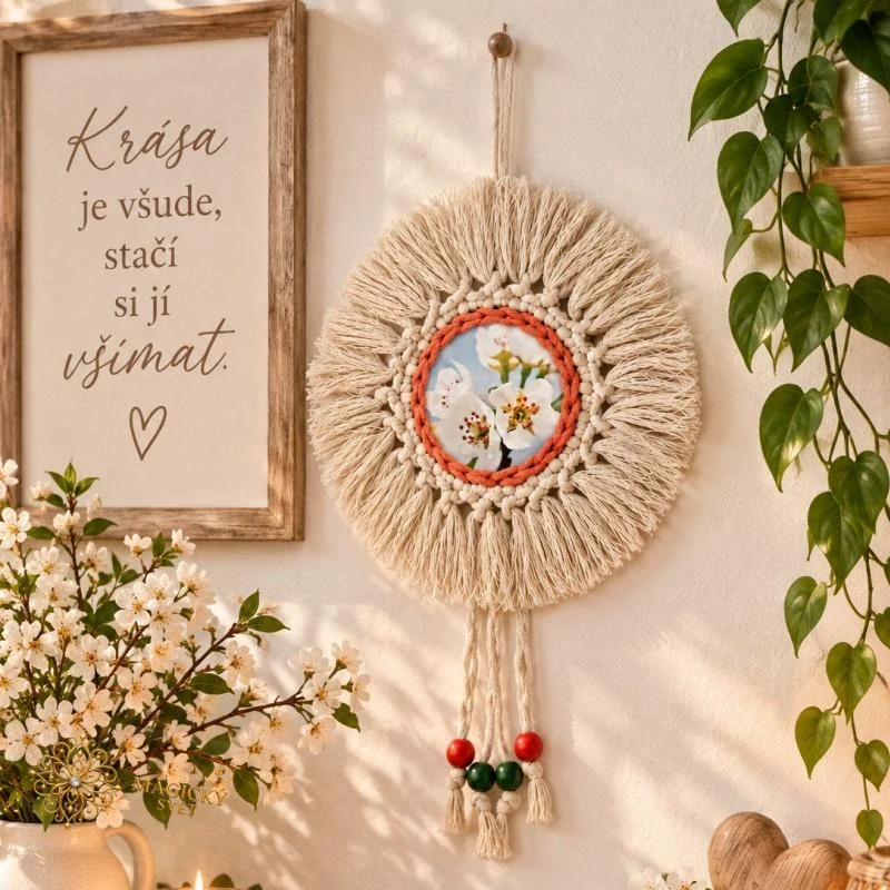 Rozkvetlé pohlazení – ručně vyráběná BOHO dekorace na zeď