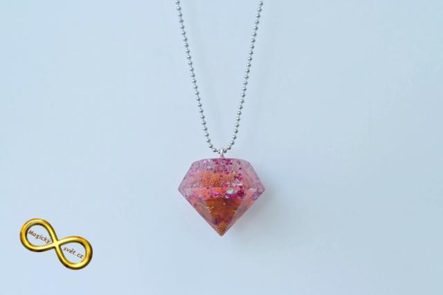 Náhrdelník "Resin" tvar diamant růžový s oranžovou růží