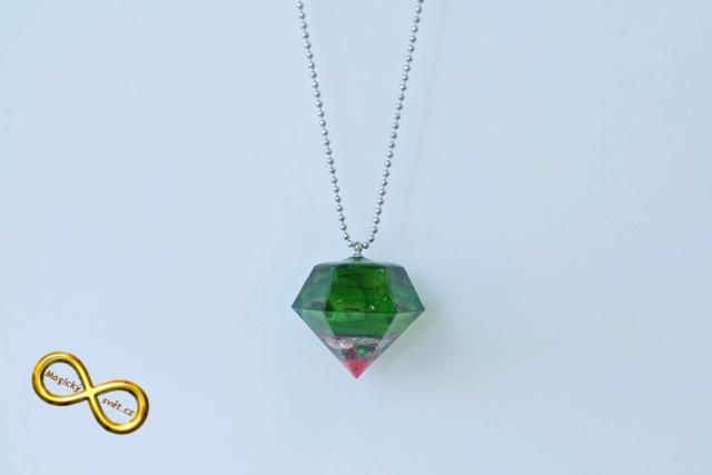 Náhrdelník "Resin" tvar diamant zeleno-růžový