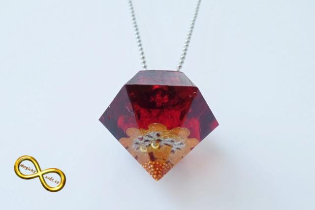 Náhrdelník "Resin" tvar diamant červeno-oranžový