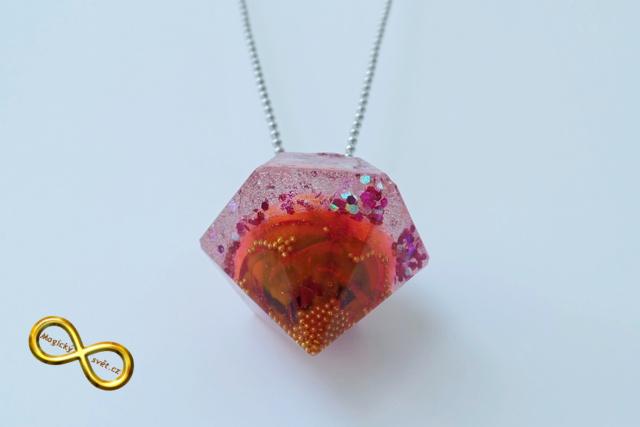 Náhrdelník "Resin" tvar diamant růžový s oranžovou růží