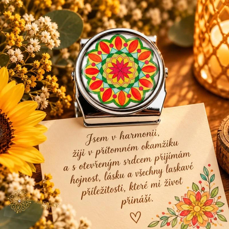 Kovový klip – mandala s poselstvím "Šťastný začátek"