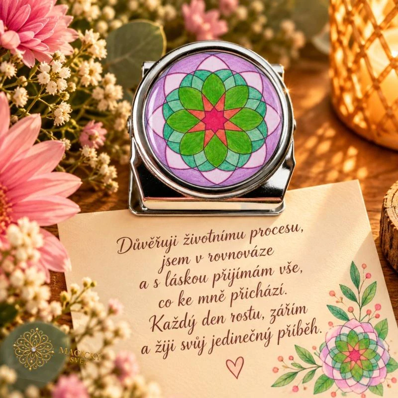 Kovový klip – mandala s poselstvím "V kouzelném snu"
