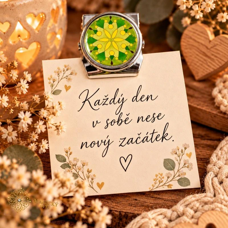 Kovový klip – mandala s poselstvím "Klidná budoucnost"