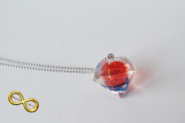 Náhrdelník "Resin" tvar diamant červeno-modrý